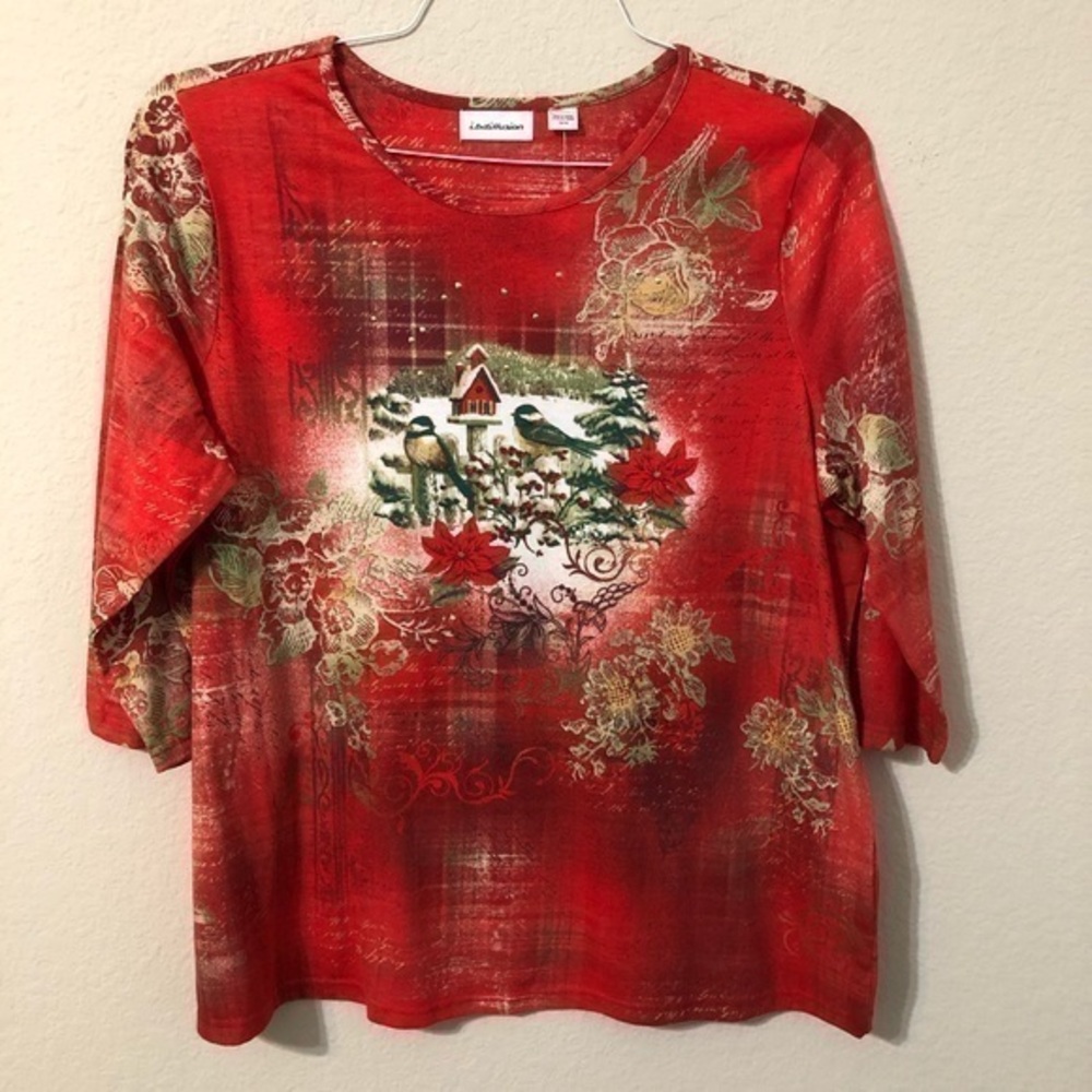 I.B. Diffusion Christmas Top Red Gold Poinsettias Birds Floral Long Sleeve NWT